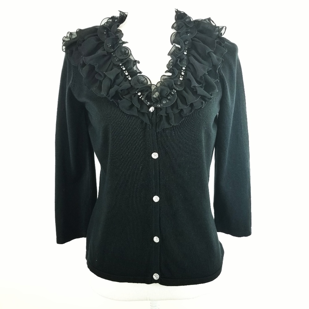 Alberto Makali Black Ruffled Rhinestone Cardigan L